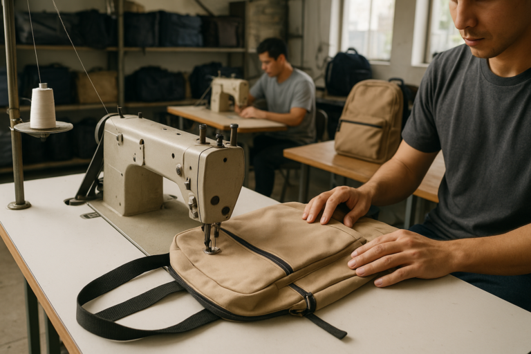 Pekerja di workshop sedang membuat tas custom dengan bahan kanvas dan alat jahit