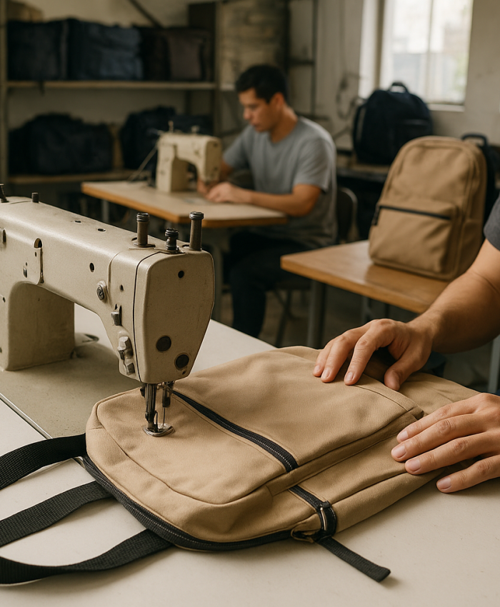 Pekerja di workshop sedang membuat tas custom dengan bahan kanvas dan alat jahit